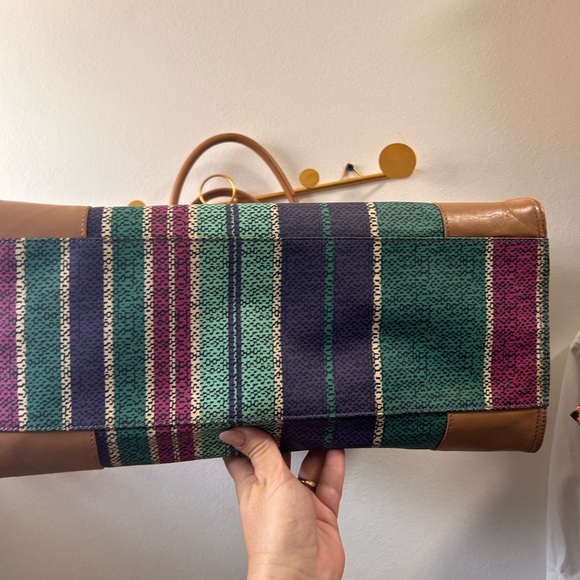 Tory Burch Striped Ella Tote Bag Leather and Coated Canvas pink LARGE LOGO - Picture 6 of 9